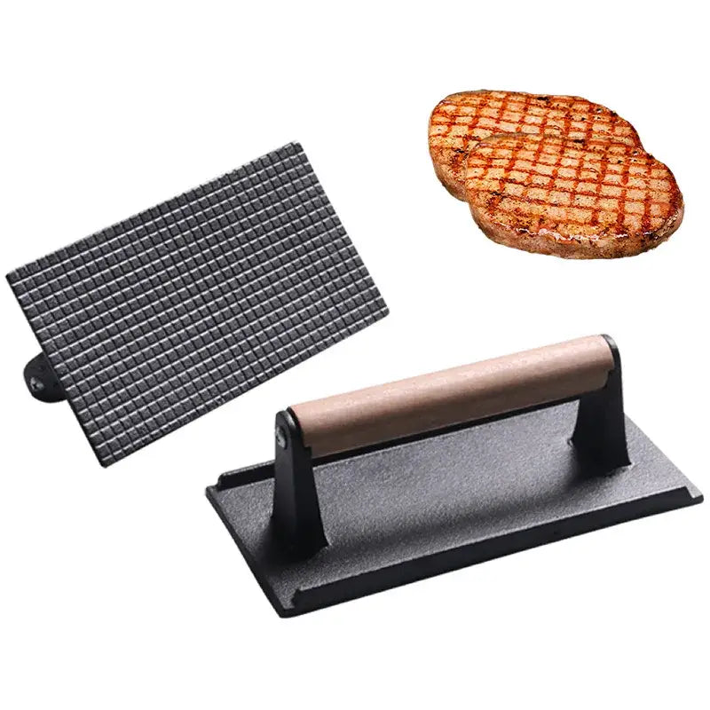 Black cast iron steak press plate with wooden handle and grid pattern for kitchen meat tool use