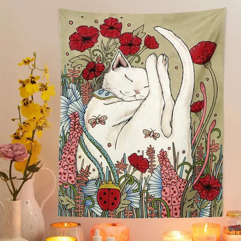 A soft olive-green cat botanical flower wall tapestry with a white cat and vibrant red poppies for bedroom decorbites decor