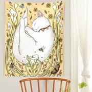 A cream cat botanical flower wall tapestry with a sleeping white cat in a garden for decorbites cat botanical decor