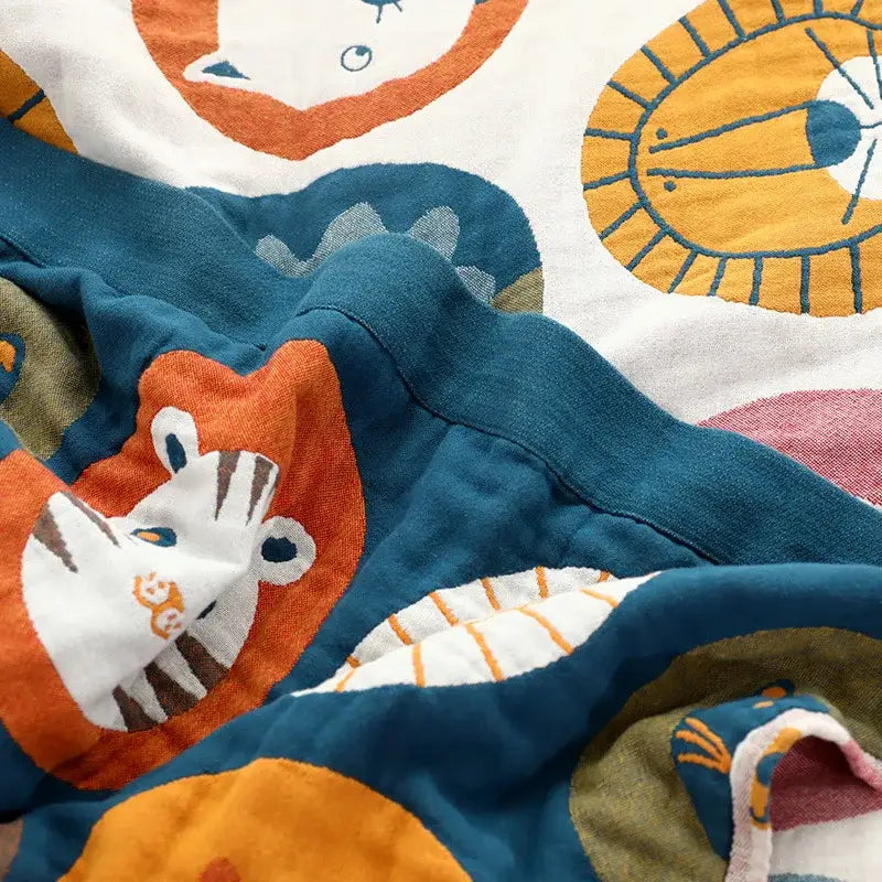 A plush pure cotton gauze towel blanket with vibrant orange teal cat cartoon animal embroidery for bedroom decorbites decor