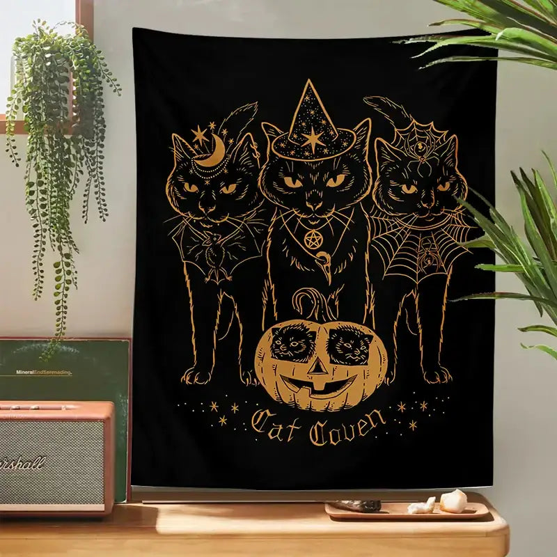 Black cat coven witchcraft tapestry with gold foil detailing on black fabric for decorbites cat coven bedroom wall art