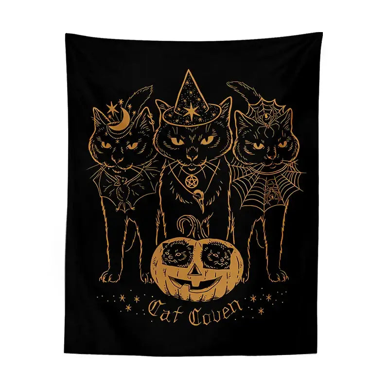 Black decorbites cat coven witchcraft tapestry with gold foil cats and pumpkin for bedroom wall art