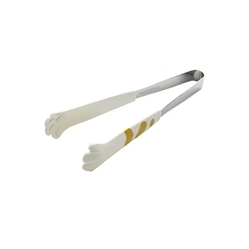 White and gold cat paw stainless steel food tongs with sleek metallic finish for kitchen use