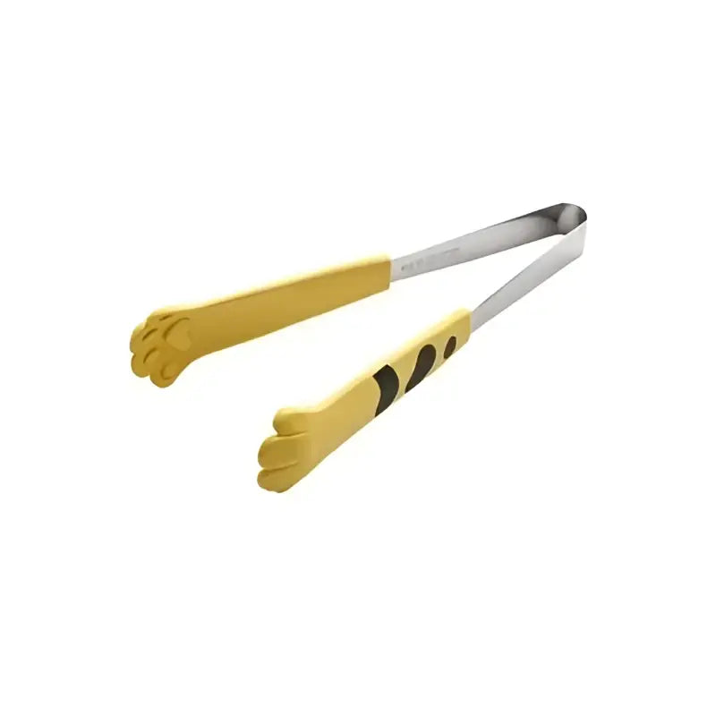Yellow cat paw stainless steel food tongs with black accents and durable jaws for kitchen use