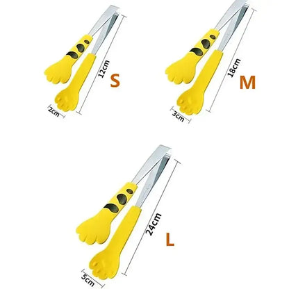 Yellow cat paw stainless steel food tongs in small medium and large sizes with silicone coating for kitchen use
