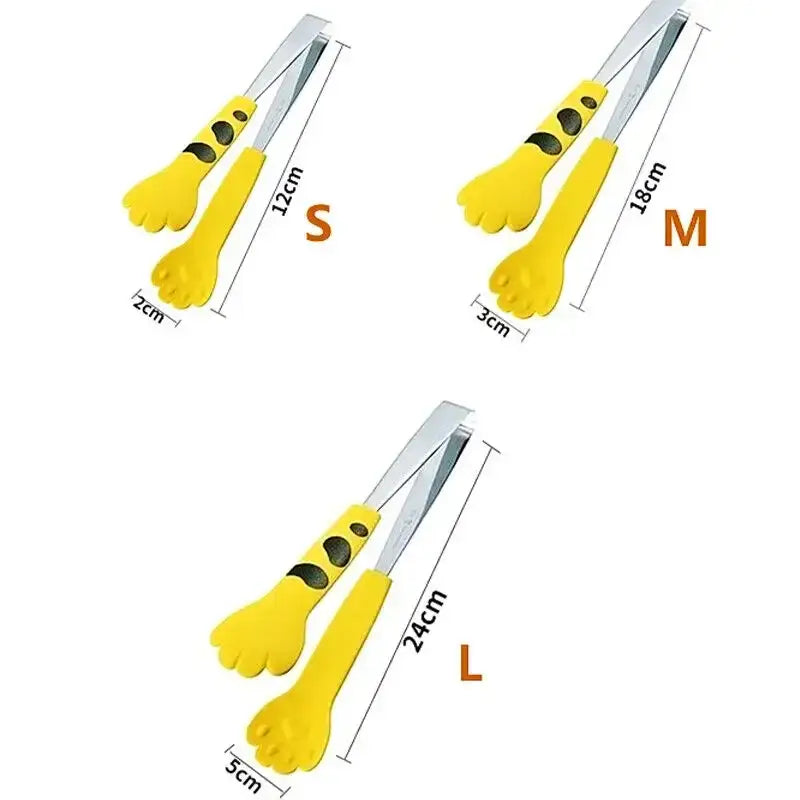 Yellow cat paw stainless steel food tongs in small medium and large sizes with silicone coating for kitchen use
