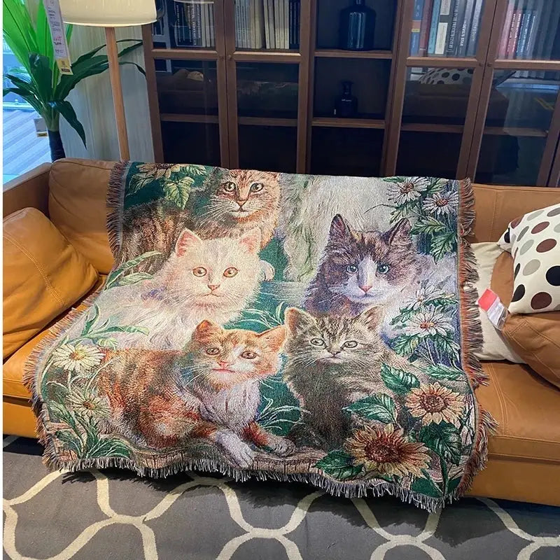 A decorbites cat sunflower knitted sofa cover featuring a woven tapestry blanket with five cat portraits and floral patterns