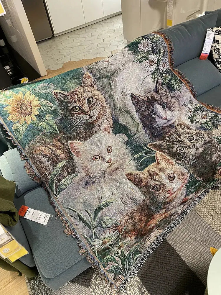 A cozy cat sunflower knitted sofa cover blanket with woven tapestry and earthy tones for living room decorbites cat sunflower