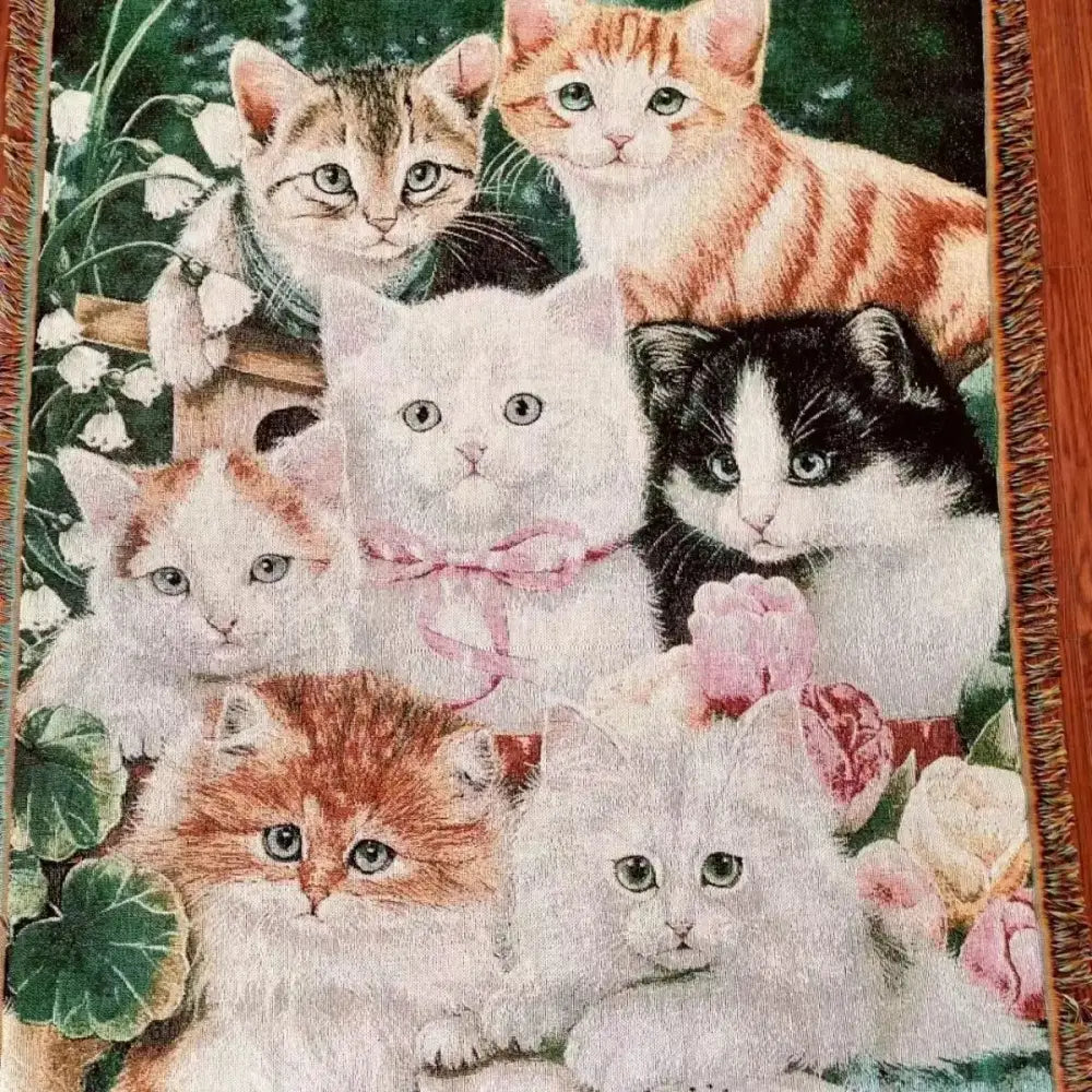 A decorbites cat sunflower knitted sofa cover featuring a woven tapestry of multicolor kittens with green floral background