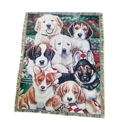 A cat sunflower knitted sofa cover featuring a woven tapestry of assorted puppies on a checkered floral blanket in soft tones
