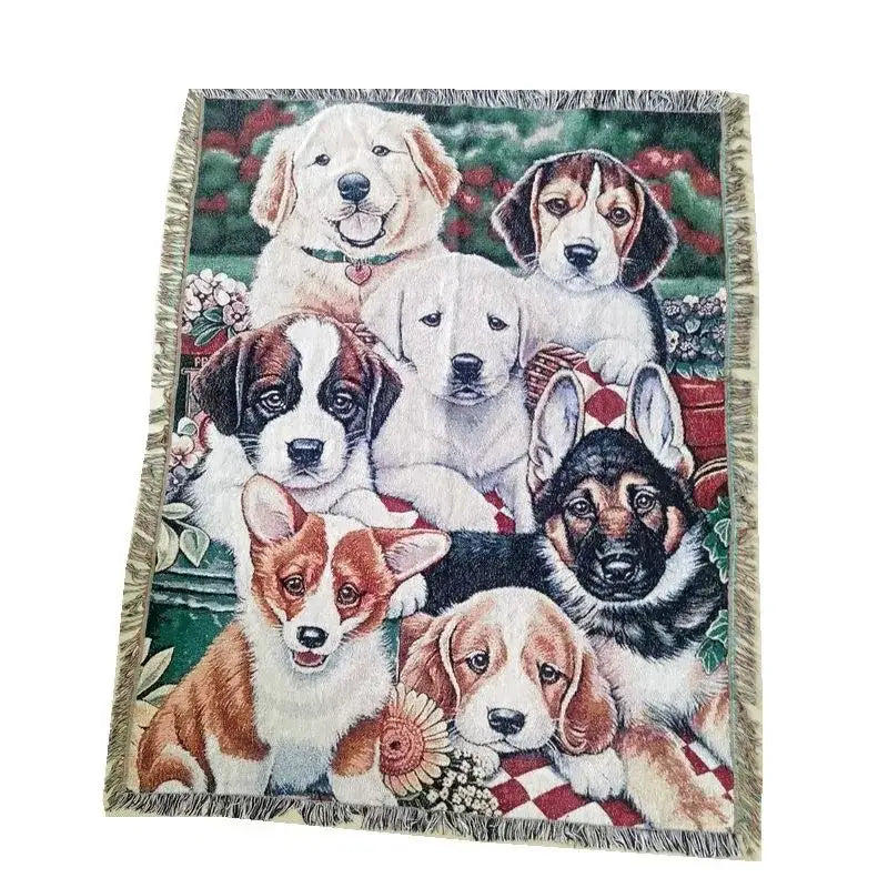 A cat sunflower knitted sofa cover featuring a woven tapestry of assorted puppies on a checkered floral blanket in soft tones
