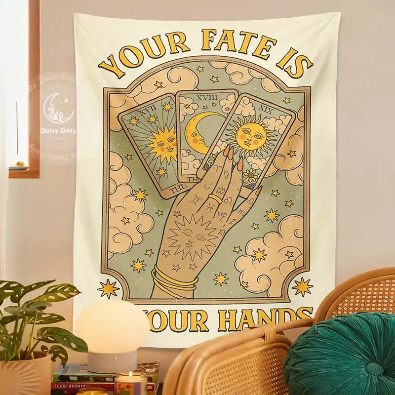 Cream-colored cat tarot tapestry featuring hand holding sun and moon cards with clouds stars for moon sun aesthetic decorbites decor