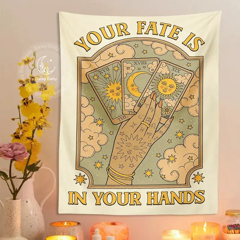 Cream-colored cat tarot tapestry featuring a hand holding sun and moon cards with clouds and stars for moon sun aesthetic decorbites wall decor