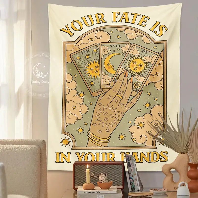 Cream-colored cat tarot tapestry featuring a hand holding sun and moon tarot cards with clouds and stars decorbites moon sun aesthetic