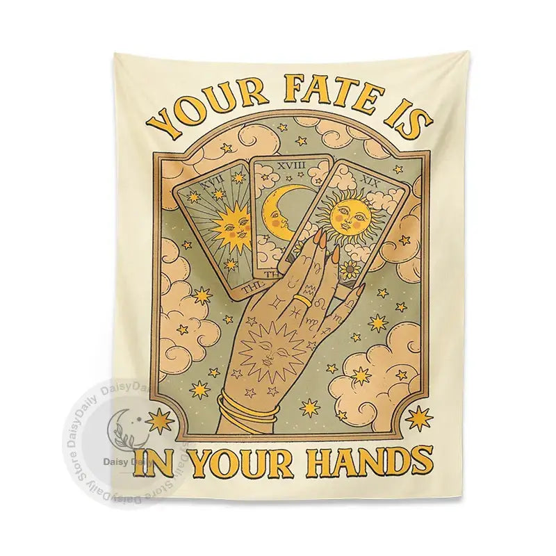 Cream-colored cat tarot tapestry with hand holding tarot cards featuring sun moon aesthetic for bedroom wall decor