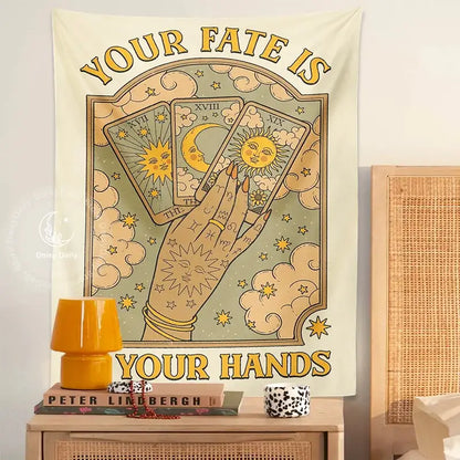 Cream-colored cat tarot tapestry featuring a hand holding sun and moon tarot cards with stars for moon sun aesthetic decorbites decor