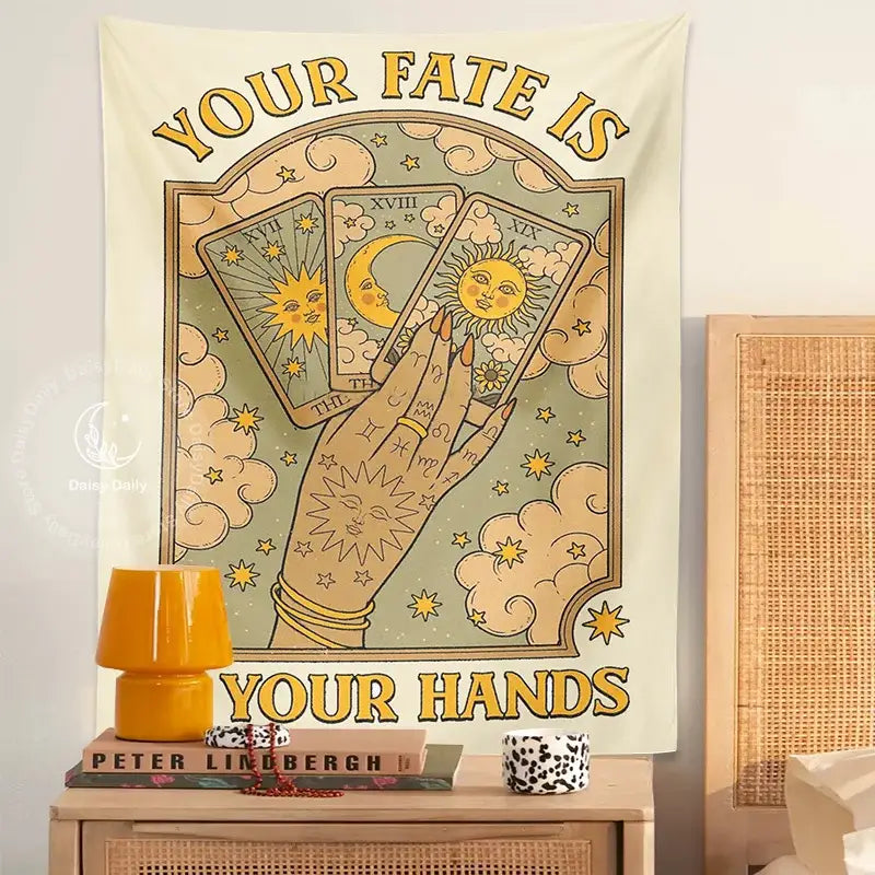 Cream-colored cat tarot tapestry featuring a hand holding sun and moon tarot cards with stars for moon sun aesthetic decorbites decor