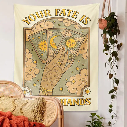 Cream-colored cat tarot tapestry featuring a hand holding sun and moon tarot cards with clouds and stars decorbites moon sun aesthetic