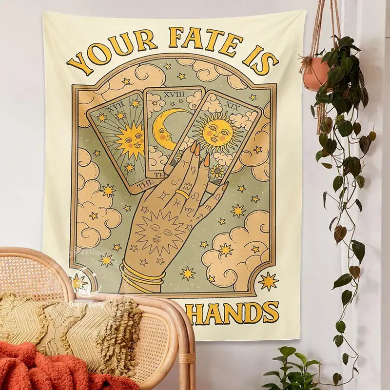Cream-colored cat tarot tapestry featuring a hand holding sun and moon tarot cards with clouds and stars decorbites moon sun aesthetic