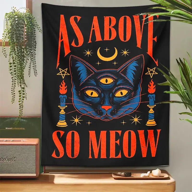 Black and blue cat tarot tapestry wall hanging featuring a three-eyed cat and orange as above so meow text decorbites cat tarot