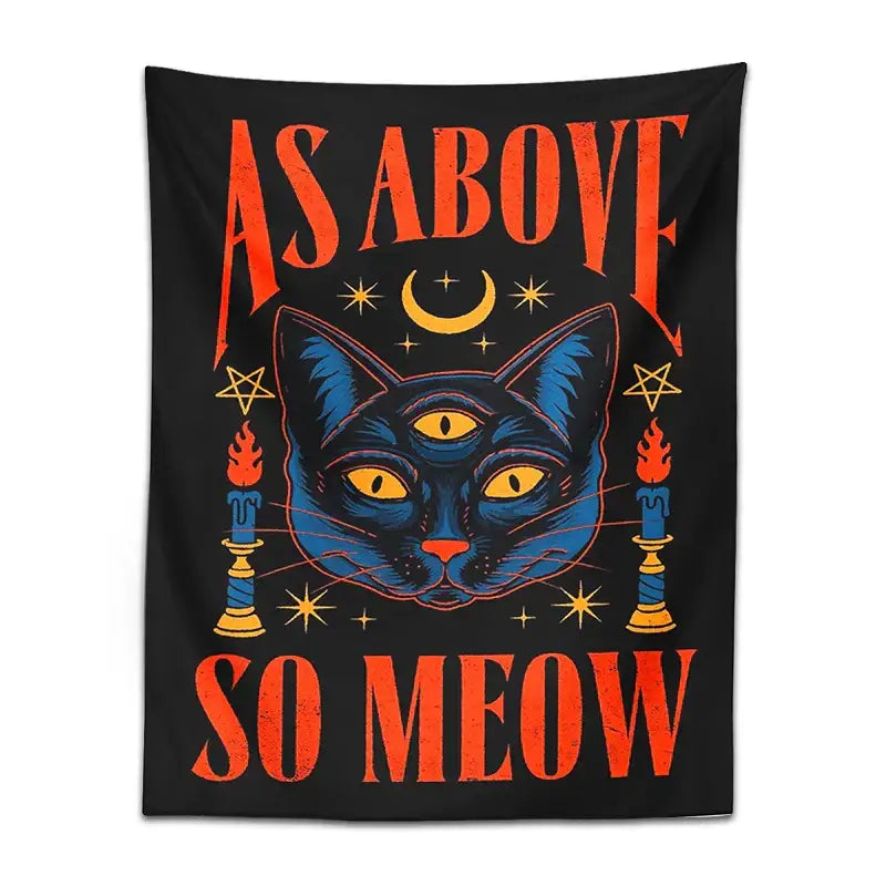 Black and blue decorbites cat tarot tapestry wall hanging featuring a three-eyed blue cat with candles and orange text decor