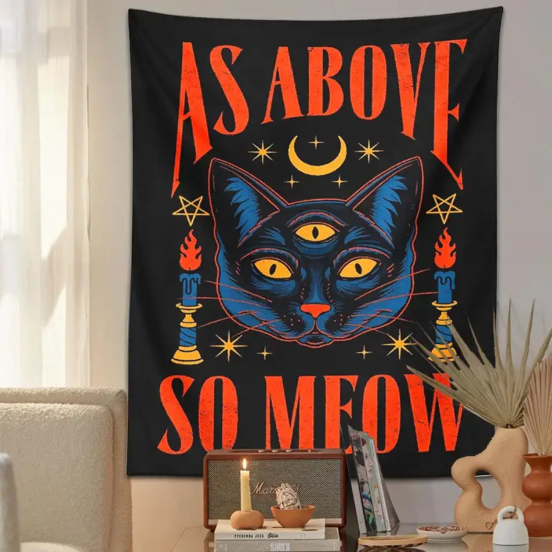 Black and blue cat tarot tapestry wall hanging with three-eyed blue cat and orange as above so meow text decorbites cat tarot