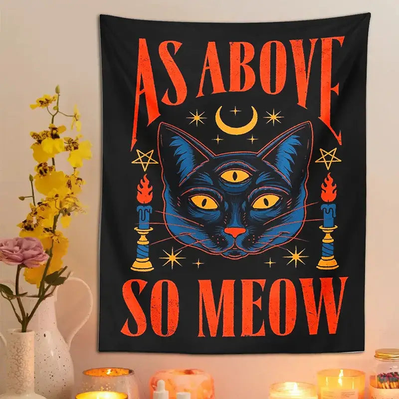 Black cat tarot tapestry wall hanging with three yellow eyes and orange text for bedroom decorbites cat tarot decor