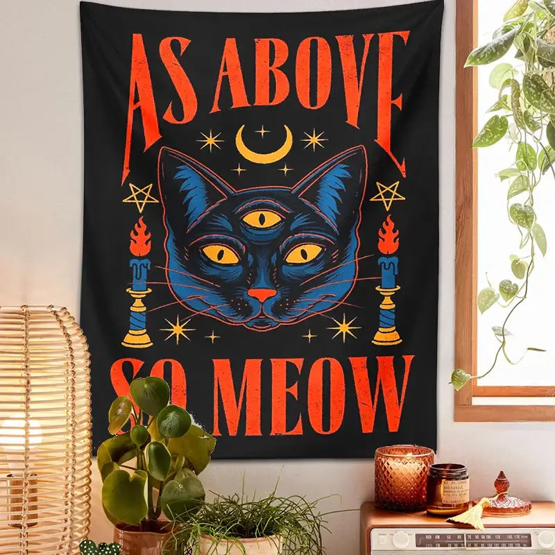 Black and blue cat tarot tapestry wall hanging featuring a three-eyed cat with yellow eyes and orange text decorbites cat tarot