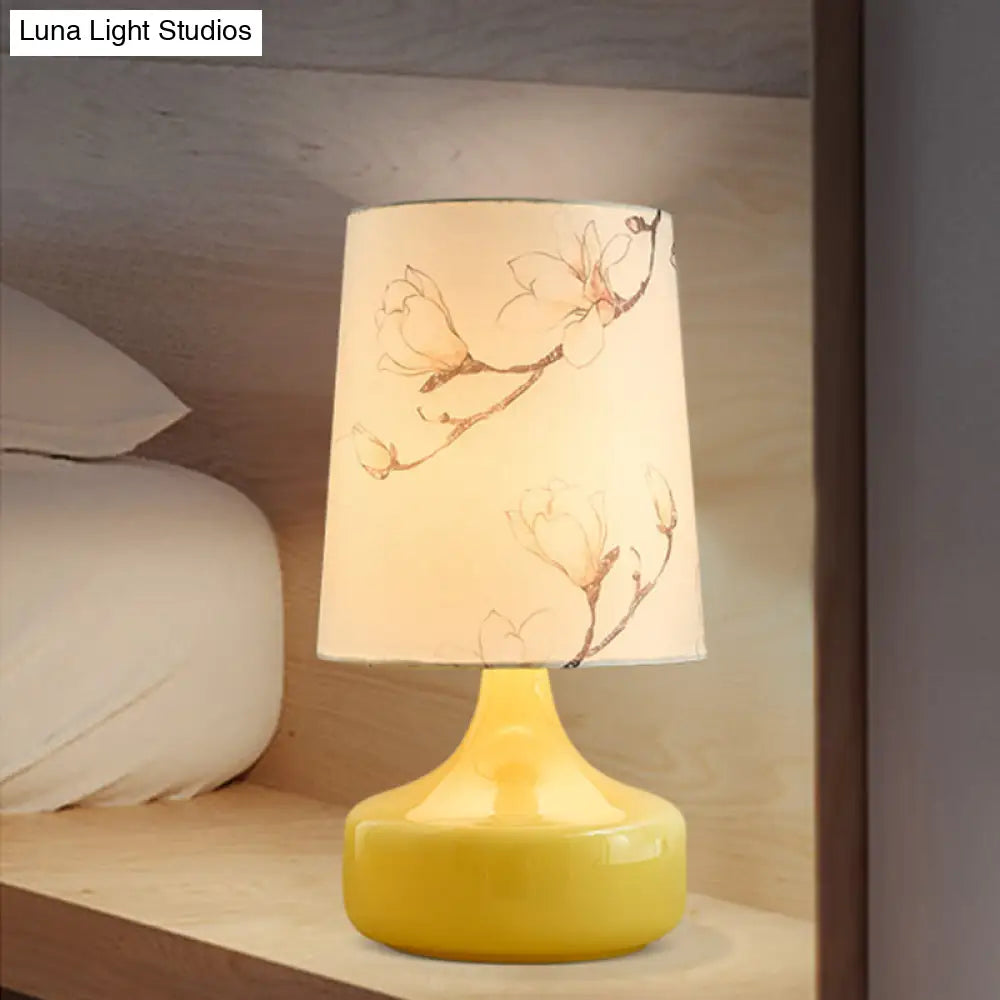 Caterina - Korean Single-Bulb Printed Fabric Night Light Korean Garden White Barrel Bedside Table Lighting with Yellow Vase Base