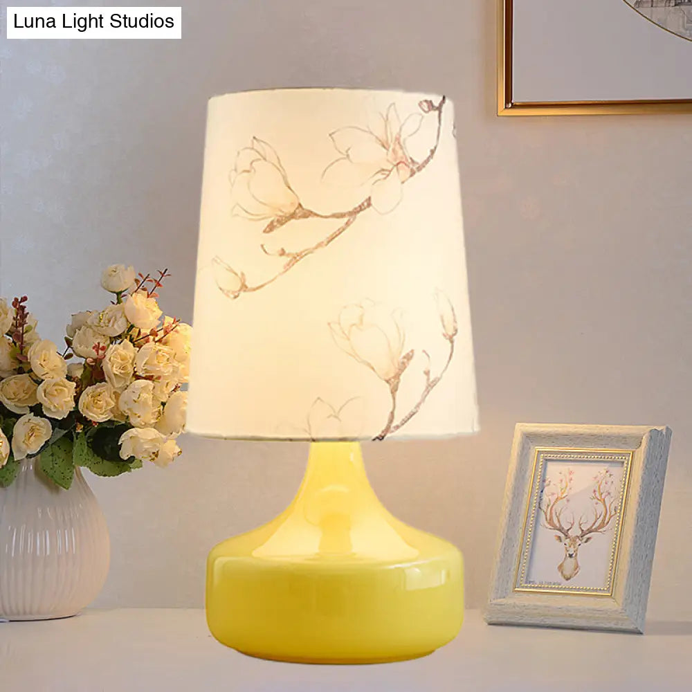 Caterina - Korean Single-Bulb Printed Fabric Night Light Korean Garden White Barrel Bedside Table Lighting with Yellow Vase Base