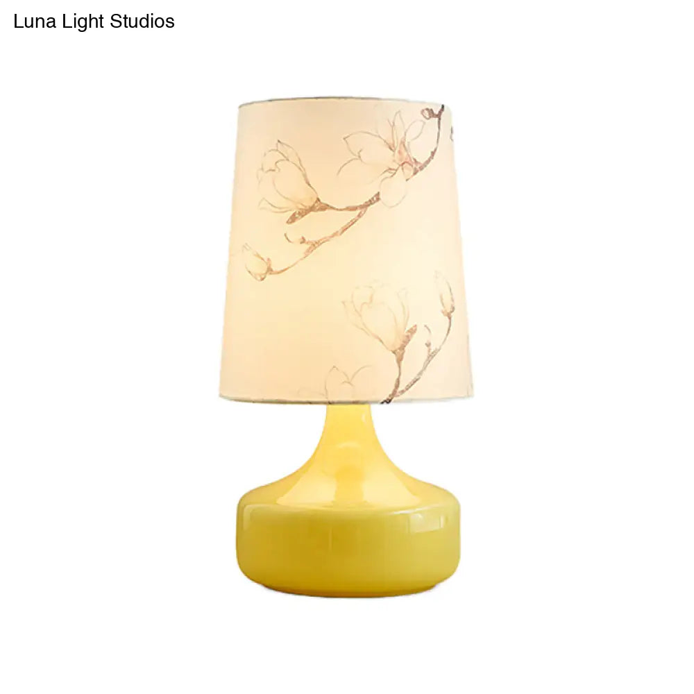 Caterina - Korean Single-Bulb Printed Fabric Night Light Korean Garden White Barrel Bedside Table Lighting with Yellow Vase Base