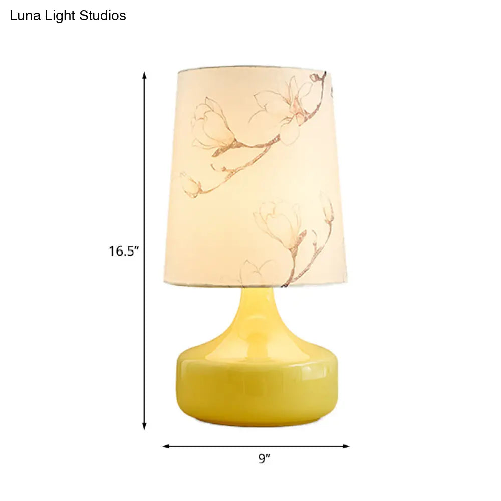 Caterina - Korean Single-Bulb Printed Fabric Night Light Korean Garden White Barrel Bedside Table Lighting with Yellow Vase Base