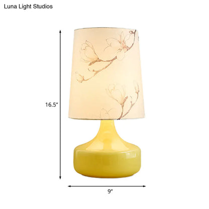 Caterina - Korean Single-Bulb Printed Fabric Night Light Korean Garden White Barrel Bedside Table Lighting with Yellow Vase Base