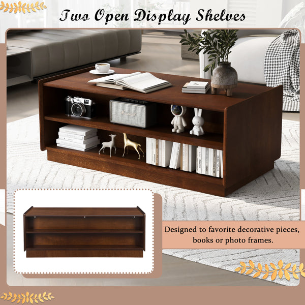 Mesa de Centro Rectangular Moderna U-Can con 4 Cajones y 2 Estanterías de Exhibición, Mesa de Centro de Madera con Estilo Acanalado, Vidrio Templado para la Sala de Estar