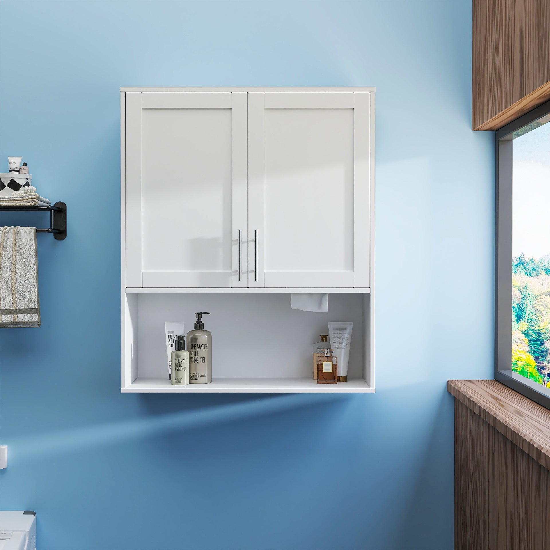 Badezimmerspiegelschrank - Zweitüriger Wand-Schrank Badezimmer-Waschbecken-Spiegelschrank mit Fach für Gesichtstücher und multifunktionalem Stauraumbereich
