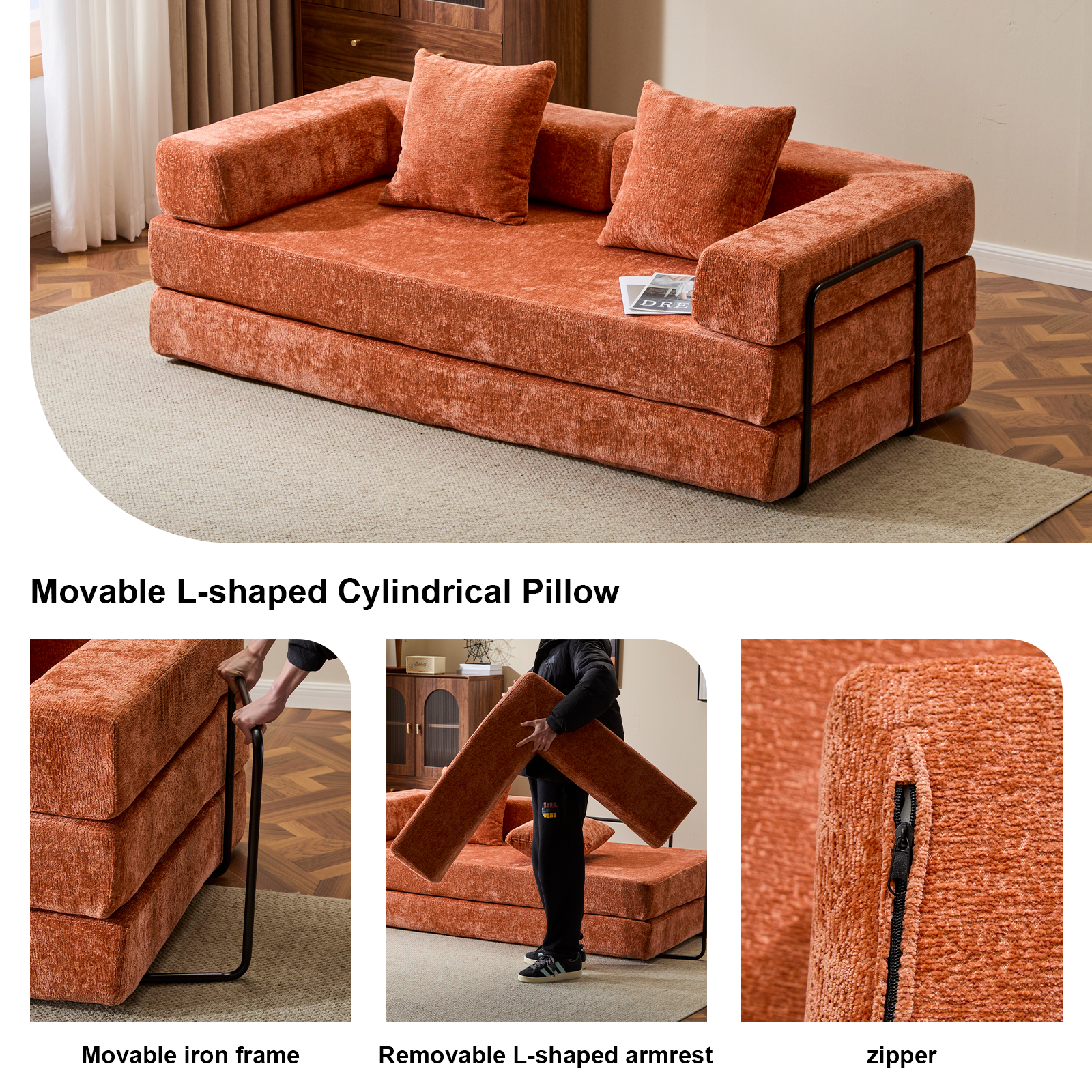 Sofá de Suelo, Sofá de Compresión, Sofá Cama Convertible de Suelo - con Soporte para la Espalda de Almohada y Reposabrazos, Sofá Futón Cómodo para Reposar Cama para Dormir, Tejido de Chenilla, para Sala de Estar y Dormitorio Naranja