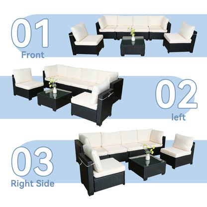 Hot Selling Seven-Piece Sofa Set Table With Sofa Chair Black PE Rattan Outdoor New Design Furniture 7-JH002 Box 3-1-2-3 With White Color Cushion