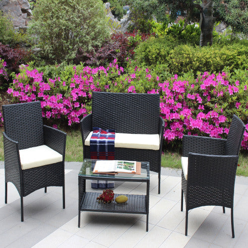 4er-PC-Rattan-Patio-Möbel-Set für den Außenbereich mit gepolsterten Sitzen Korbsofa Beige Polster