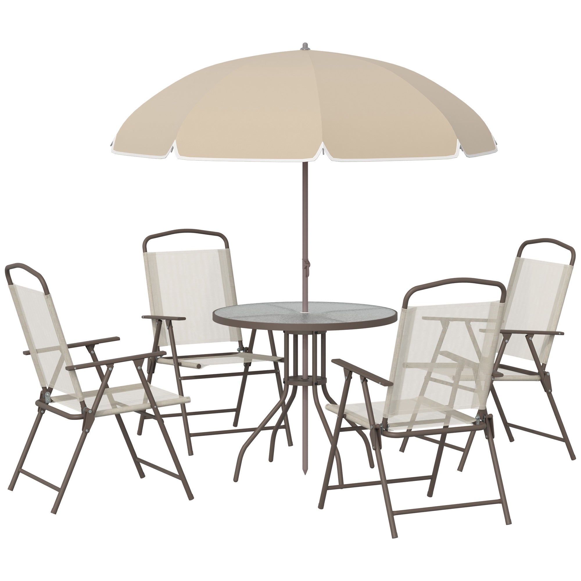 Juego de Comedor para Terraza de 6 Piezas con Sombrilla, Sillas Plegables y Mesa de Cristal, Beige - Configuración para Comidas al Aire Libre
