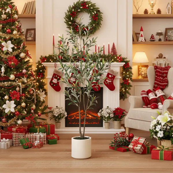 5ft Artificial Christmas Tree With White Planter Natural Fake Tree Indoor Holiday Decor Easy Care Artificial Fir For Home Festive Display Gift For Christmas No Maintenance Tree FBA Shipment