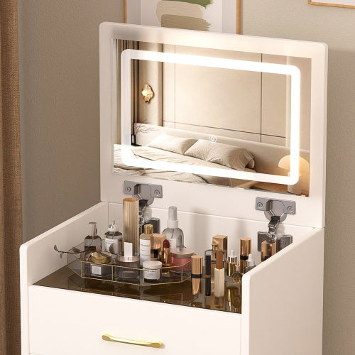Escritorio de Tocador 3 en 1 con Espejo Abierto en la Parte Superior, Conjunto Pequeño de Tocador para Maquillaje con Escritorio de Vidrio Visible, Tocador Compacto para Maquillaje con 3 Cajones, Mesa de Vestir para Dormitorio