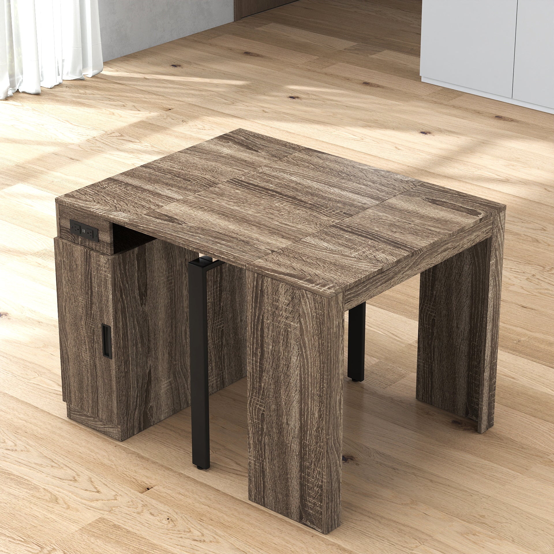 Mesa de Comedor Moderna Multifuncional Extensible con Toma de Corriente, Mesa Expandible Ahorraespacio con Almacenamiento para Fiestas, Bodas, Reuniones, Celebraciones