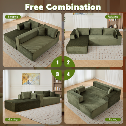 Compression Sectional Couch With Comfy Chaise, Boneless L Shape Sofa With Deep Seat, Minimalist Modular Couches Sleeper For Living Room Bedroom Apartment Lounge,corduroy,Green