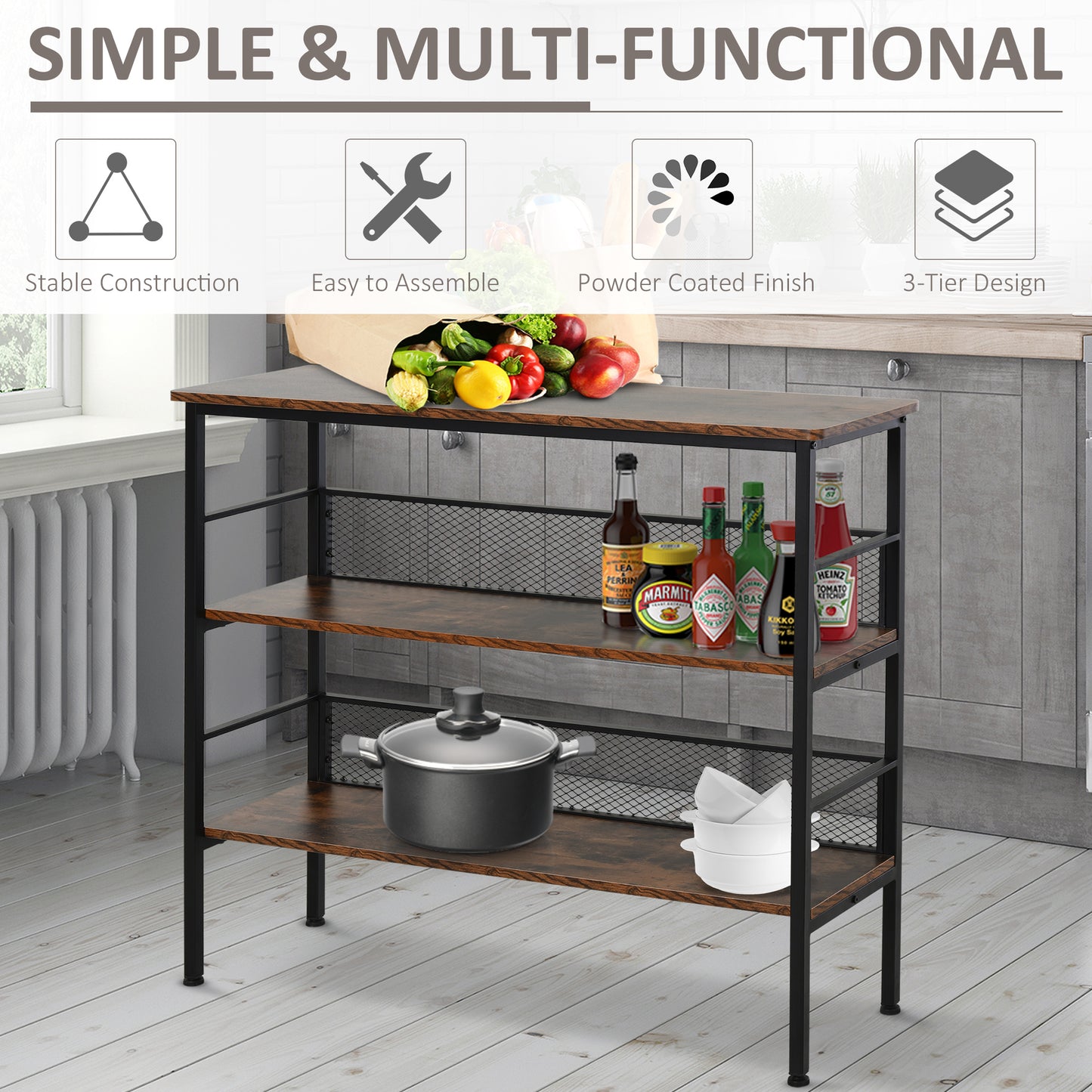 3-Tier Console Table Industrial Style Storage Shelf with a Robust Multi-Functional Design & Adjustable Feet