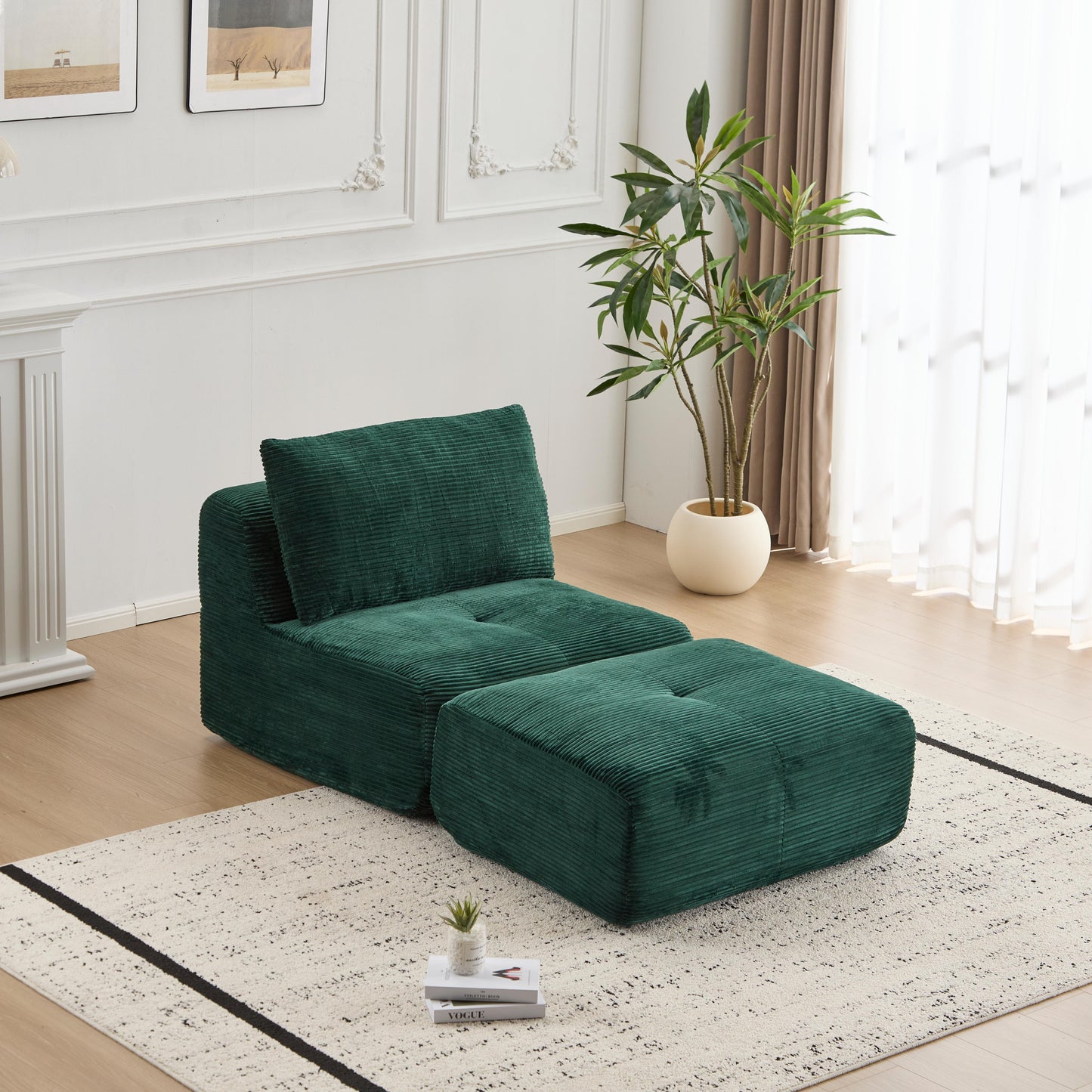 Modern Memory Foam Compressed Sofa,Single Chaise Longue For Living Room,Pet-Friendly Cloud Modular Sectional Sofa,Corduroy Fabric,Movable Ottoman,No Assembly Required,Green