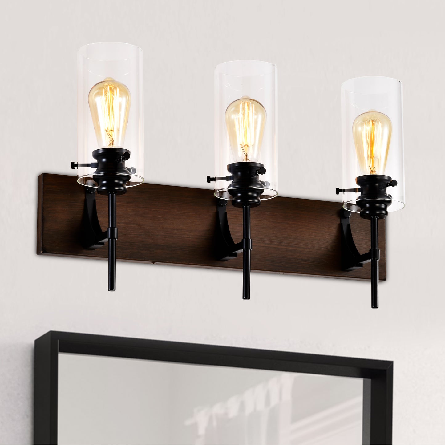 Luminarias de baño de 3 luces en color negro mate y madera, luces modernas para tocador con pantalla de vidrio, luminaria vintage para baño sobre el espejo, luces de pared para cocina, comedor, dormitorio y pasillo