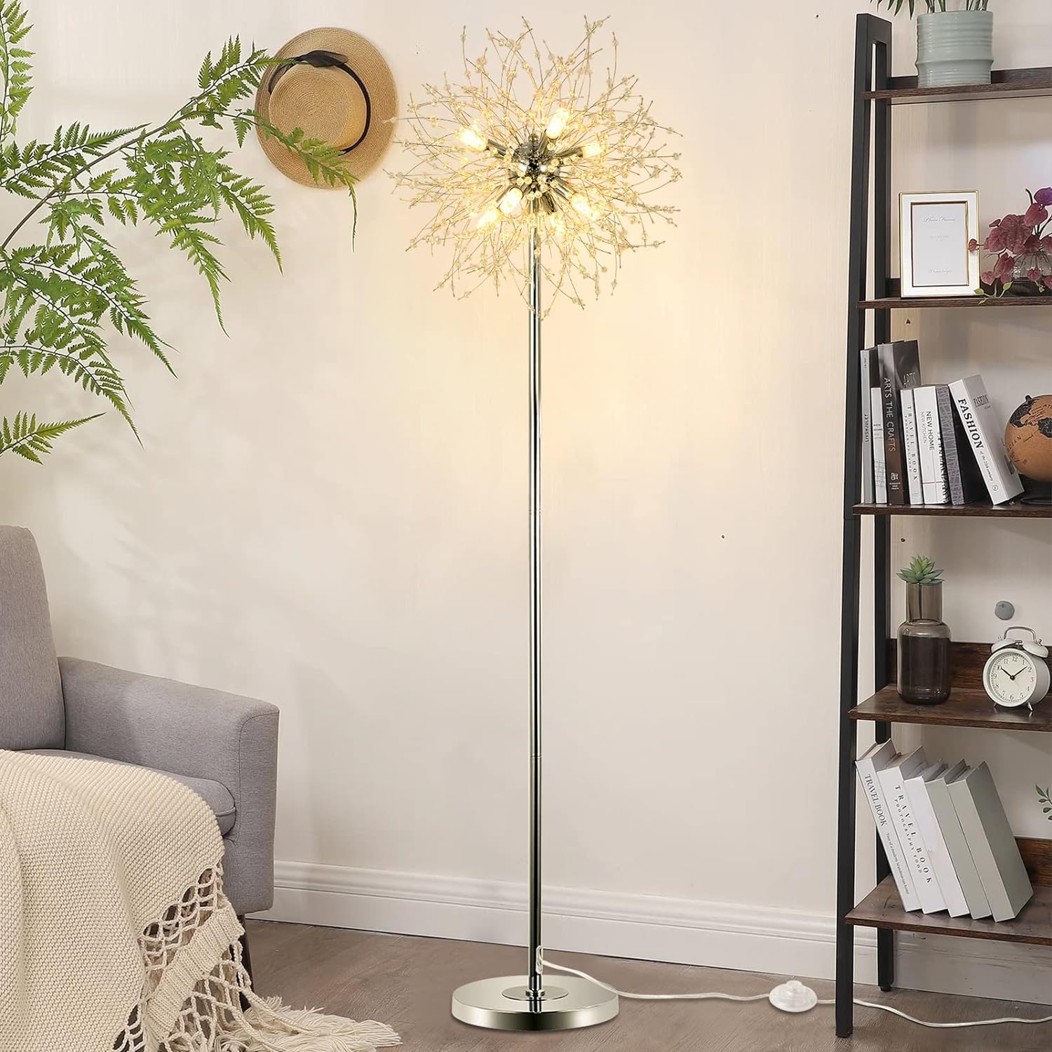 Lámpara de Pie de Cristal para Dormitorio,,Lámpara de Poste de 69 Pulgadas de Alto, Lámpara de Piso Decorativa para Habitación Moderna, Incluye 32 Suspensores de Cristal de Fuegos Artificiales, Acabado en Cromo Plataformas No Disponibles- Welfel