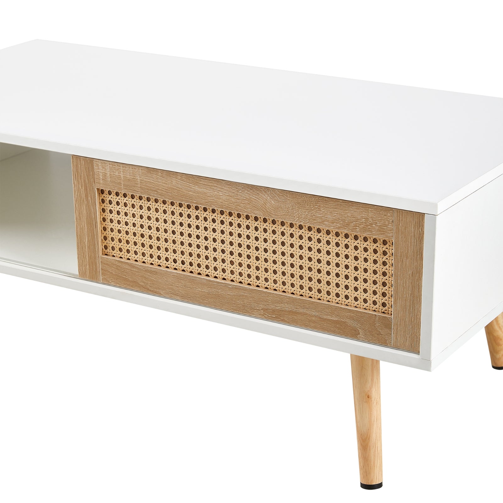 Mesa de Café de Ratán con Puerta Corredera y Patas de Madera Maciza - Sala de Estar Moderna