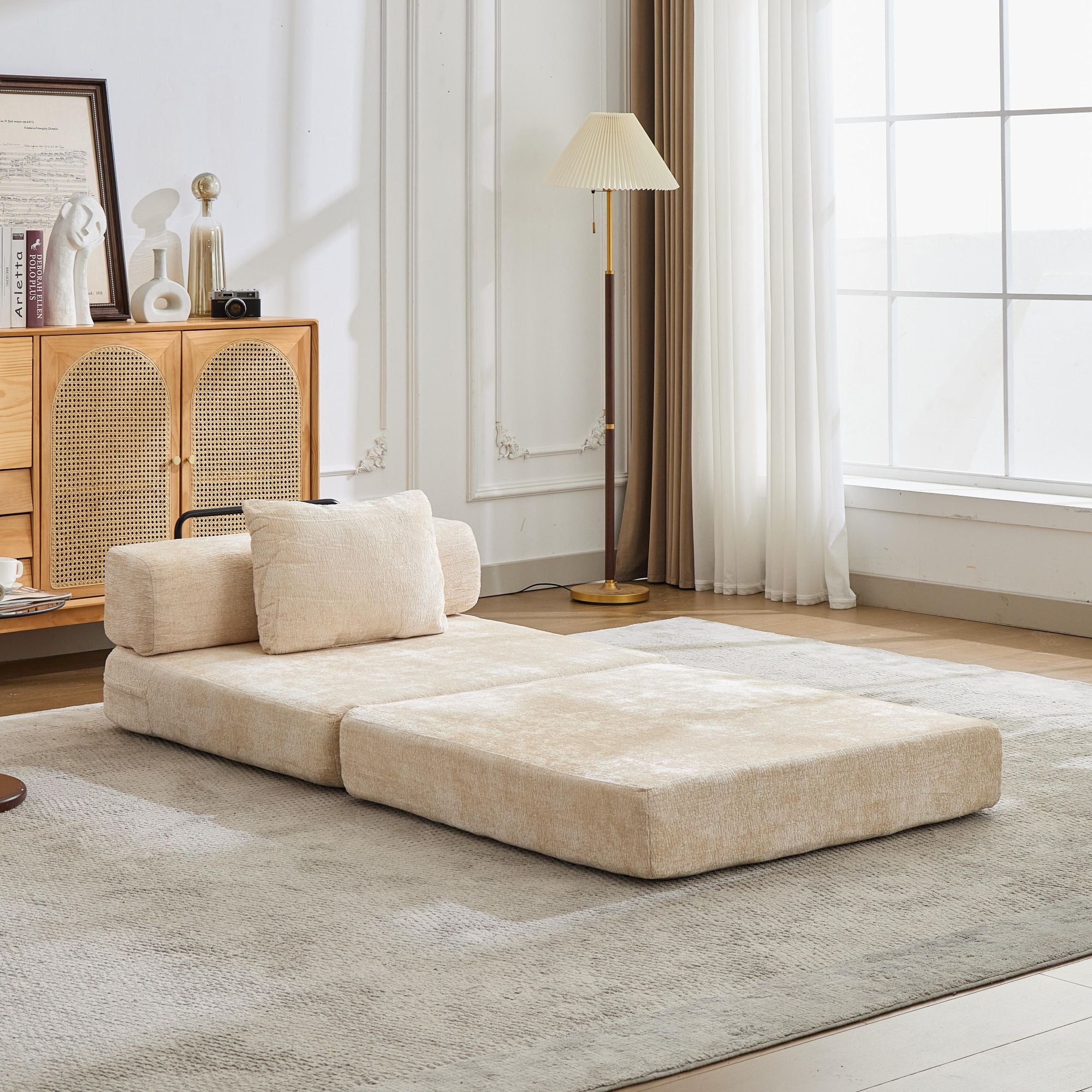 Sofá de Compresión, Sofá Cama Convertible para el Suelo con Marco de Forma Fija, Sofá Seccional Modular sin Huesos para una Sola Persona, Sin Ensamblaje Requerido, Tela de Chenille, para Sala de Estar y Dormitorio, Beige