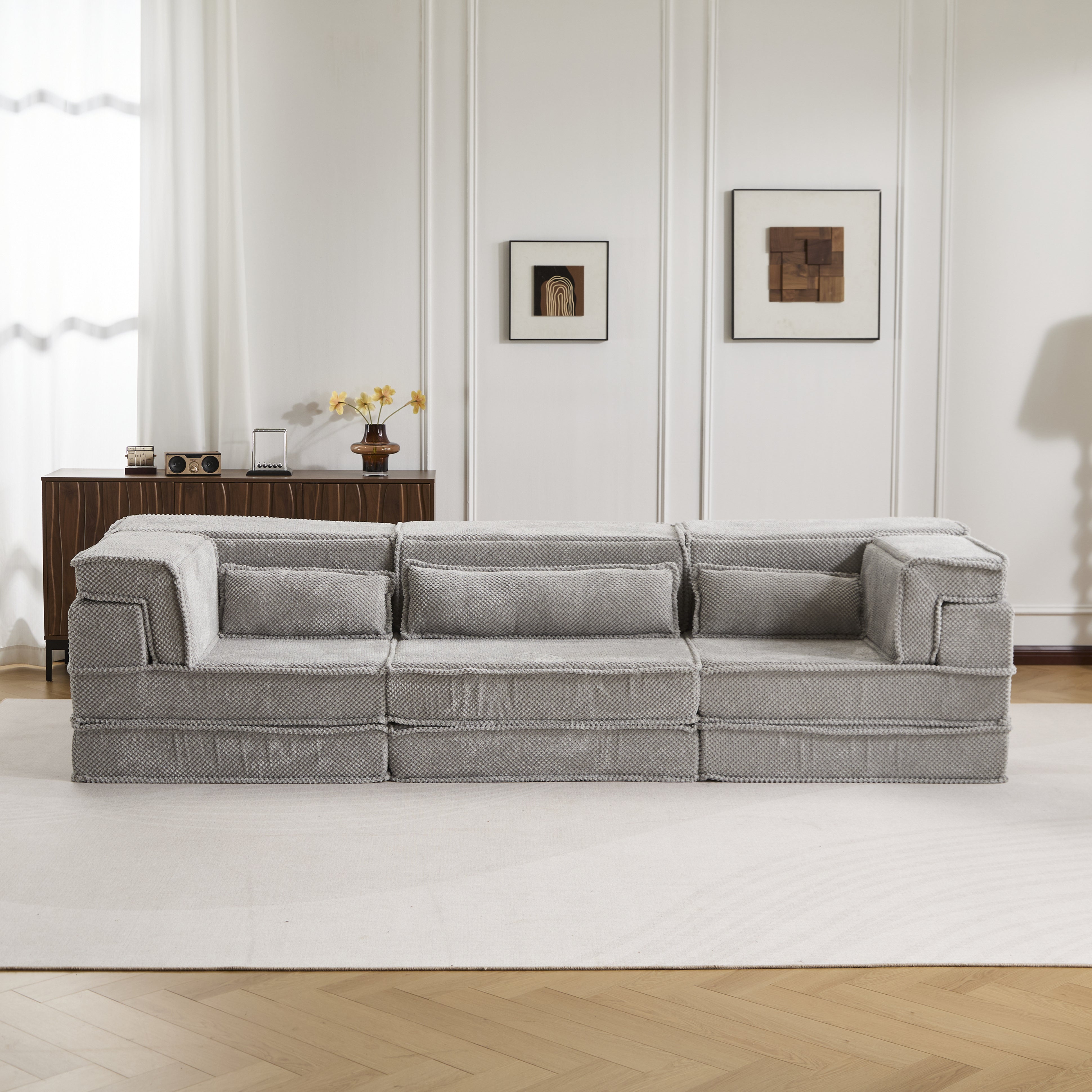 Sofá Mahjong de Compresión, Sofá Cama Convertible para el Suelo, Sofá Seccional Modular sin Huesos DIY, Sin Ensamblaje Requerido, Tejido de Lana de Cirlo, Asiento para 3 Personas Sobredimensionado con 3 Almohadas, Gris Claro